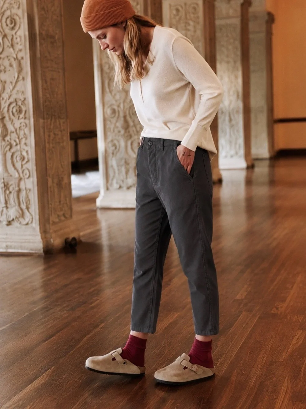 THE GREAT. | Women’s Charcoal Button Fly Tapered Cotton Linen Blend Pants US 26
